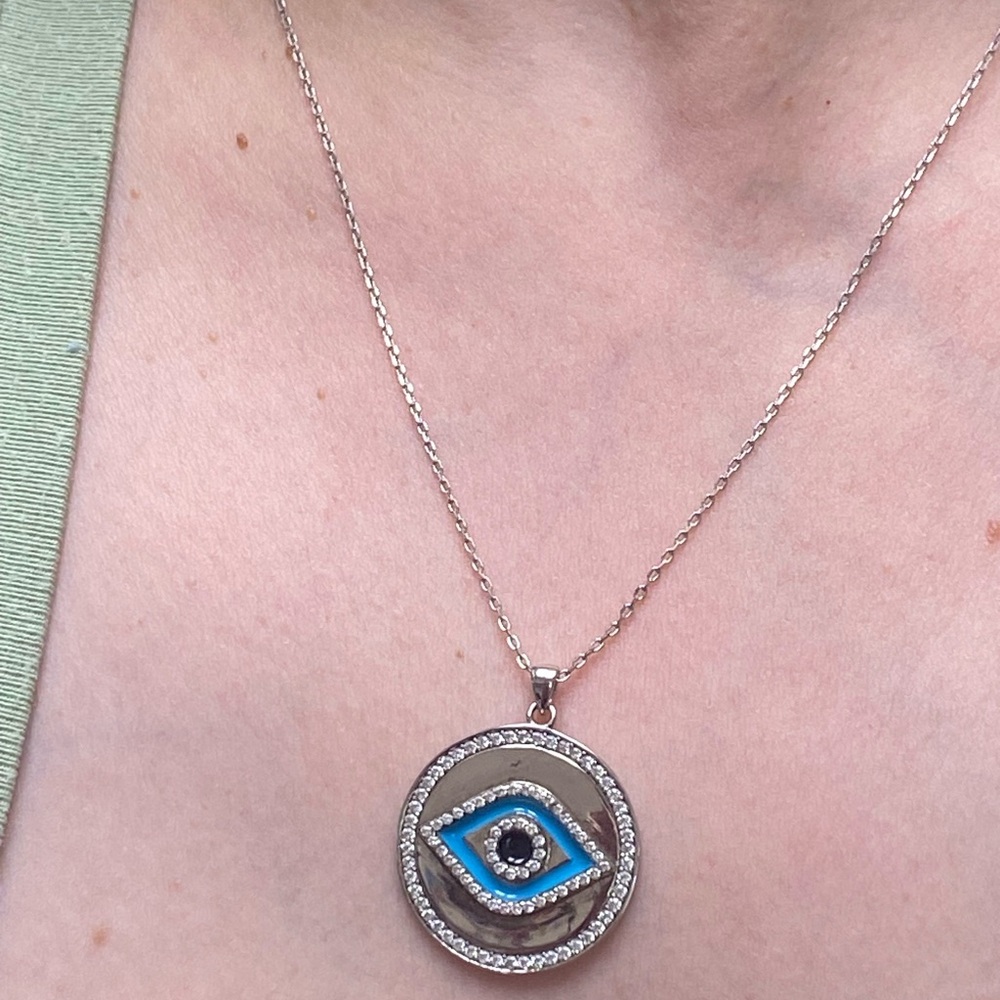 Sterling Silver CZ and Enamel Evil Eye Pendant with SS Chain